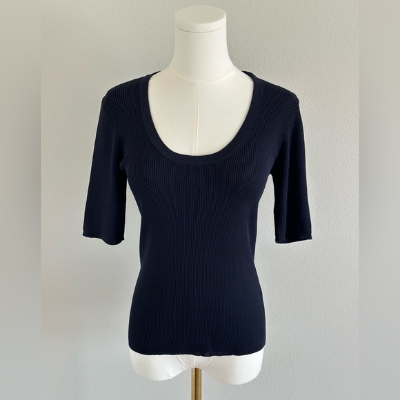 OAK + FORT Tops - Classic OAK + FORT Navy Blue Knit Stretch Bodycon Fit Short Sleeve Sweater Top-M